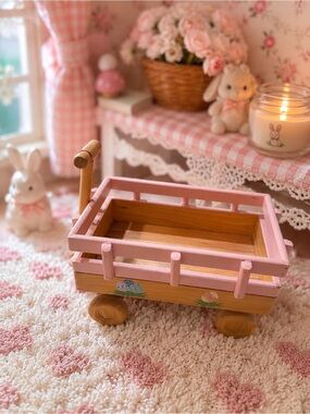 Vintage 1970s Handmade Pink Wooden Miniature Wagon Cart Cottagecore Collectible